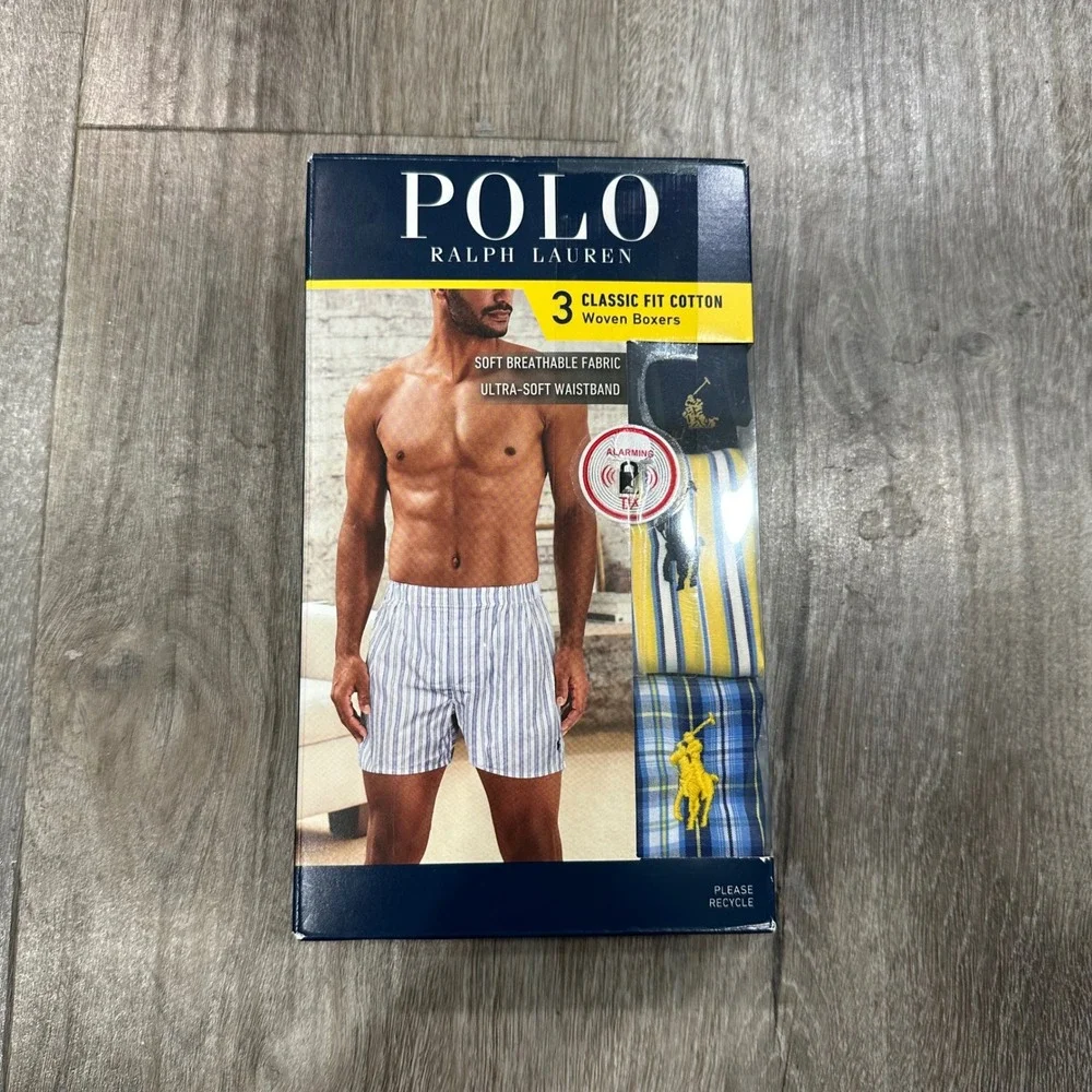 Polo Ralph Lauren Mens 3-Pack Classic Fit Cotton Woven Boxer Navy Plaid Stripe S
